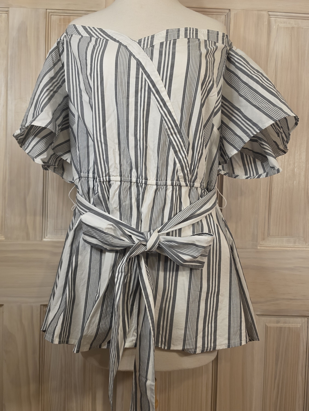 Lane Bryant Off-Shoulder Striped Tie-Waist Top - White & Black Size 16